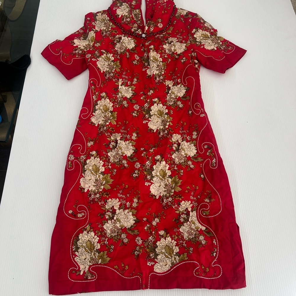 Tang Chao Red Floral Qipao Cheongsam Dress Cotton Mandarin Collar Size M - Picture 2 of 10